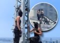 Daredevil climbers scale to the top of the empire state building—raise a banner for peace, get engaged, and then arrested